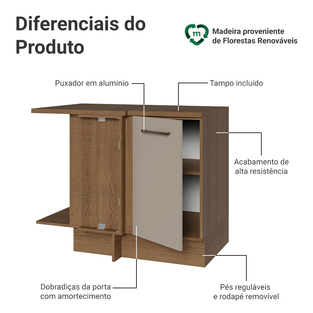 Balcão de Canto 1 Porta 60 cm Profundidade (Com Tampo) Rustic/Crema Agata Madesa