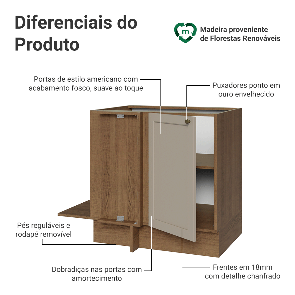 Balcão de Canto para Linha de 60 cm Profundidade (Sem Tampo) Rustic/Crema Vik Madesa