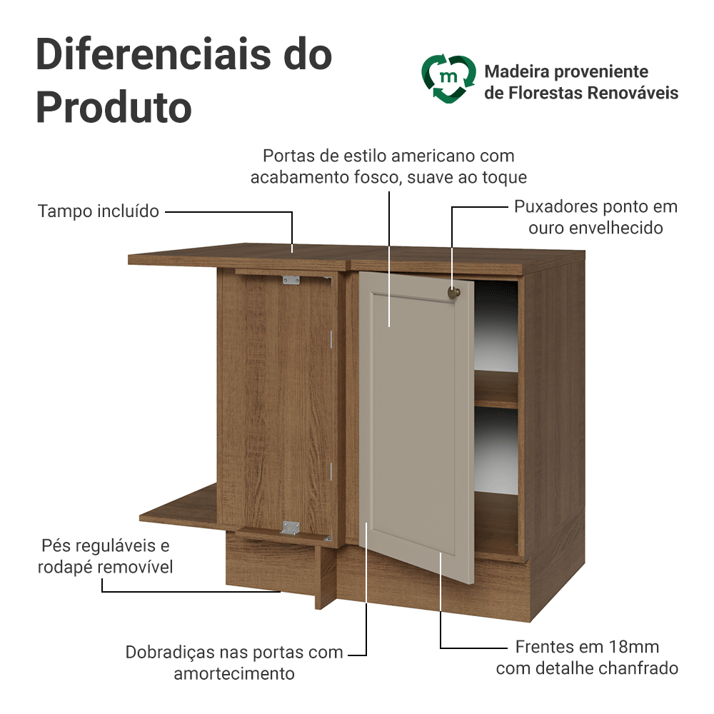 Balcão de Canto para Linha de 60 cm Profundidade (Com Tampo) Rustic/Crema Vik Madesa
