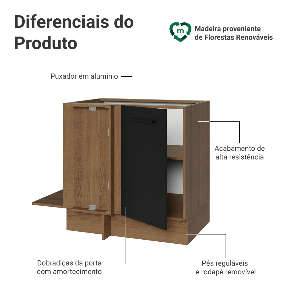 Balcão de Canto Madesa Agata 1 Porta 60 cm Profundidade (Sem Tampo) Rustic/Preto