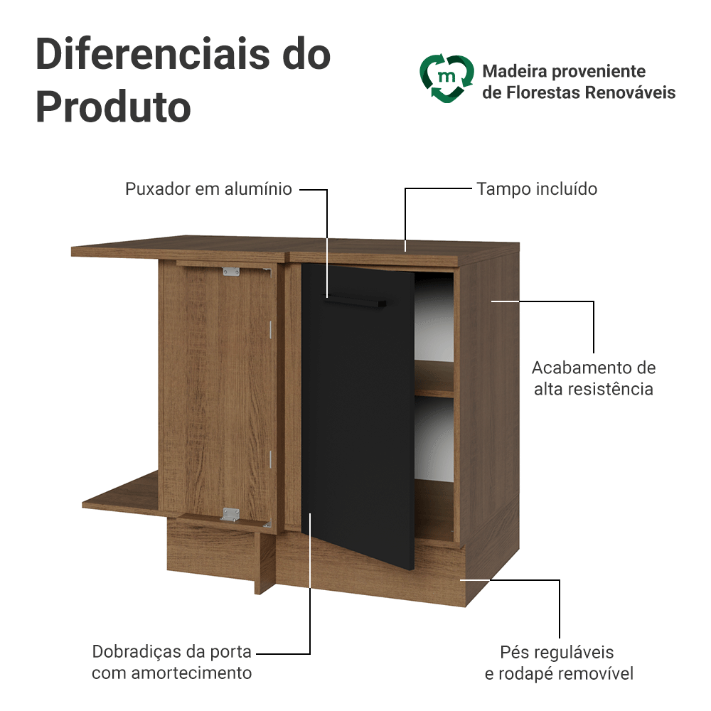 Balcão de Canto Madesa Agata 1 Porta 60 cm Profundidade (Com Tampo) Rustic/Preto
