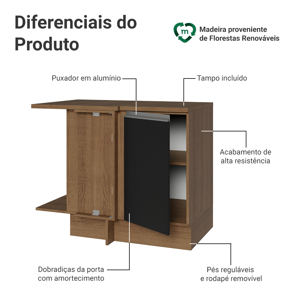 Balcão de Canto Madesa Glamy 1 Porta 60 cm Profundidade (Com Tampo) Rustic/Preto