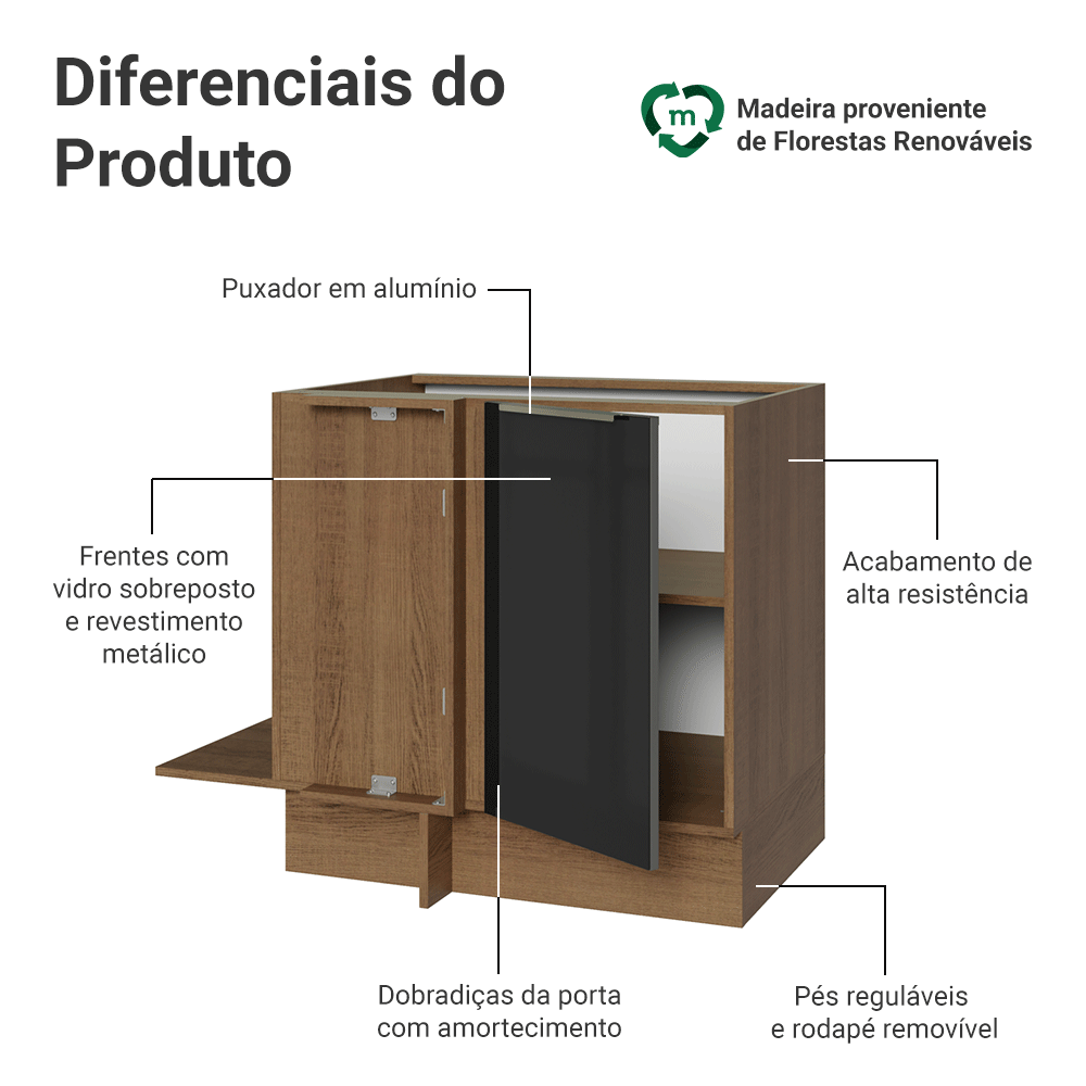 Balcão de Canto para Linha de 60 cm de Profundidade 1 Porta (Sem Tampo) Rustic/Preto Lux Madesa