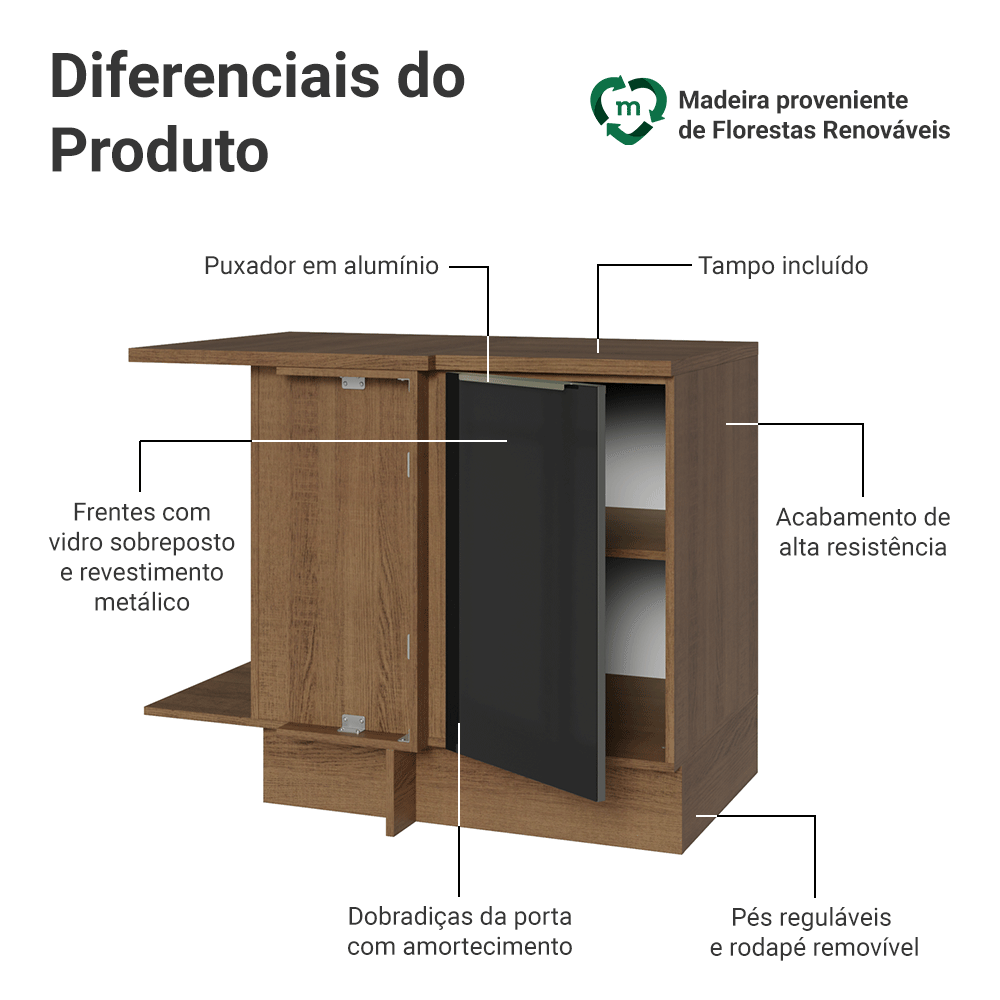 Balcão de Canto para Linha de 60 cm de Profundidade 1 Porta (Com Tampo) Rustic/Preto Lux Madesa