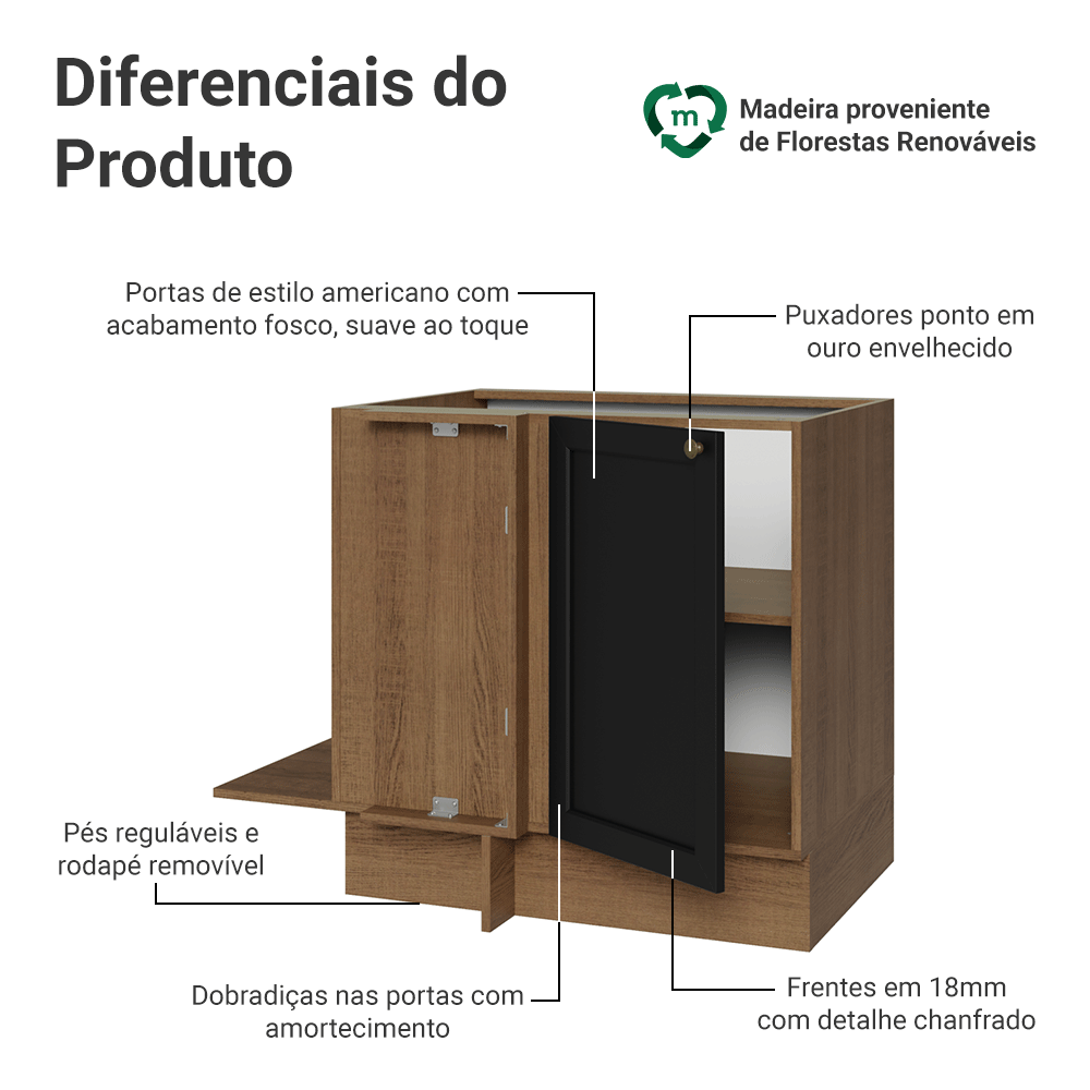 Balcão de Canto para Linha de 60 cm Profundidade (Sem Tampo) Rustic/Preto Vik Madesa