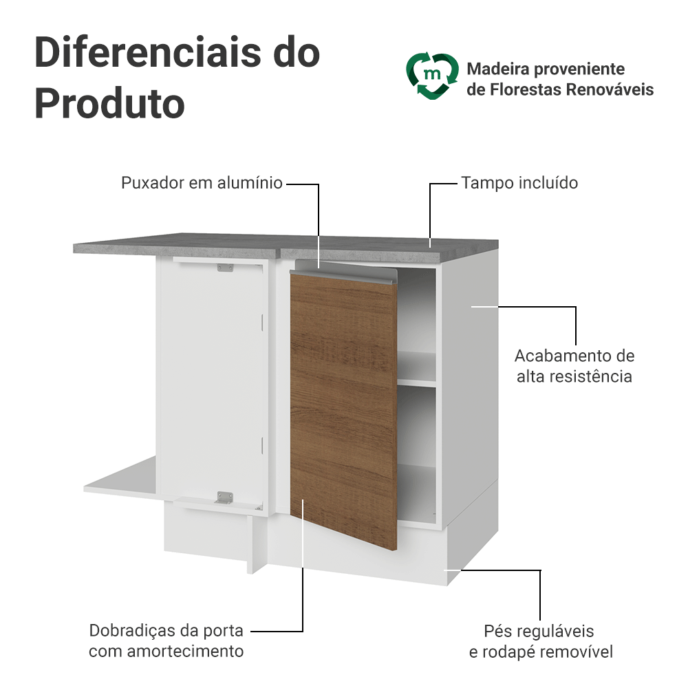 Balcão de Canto Madesa Glamy 1 Porta 60 cm Profundidade (Com Tampo) Branco/Rustic