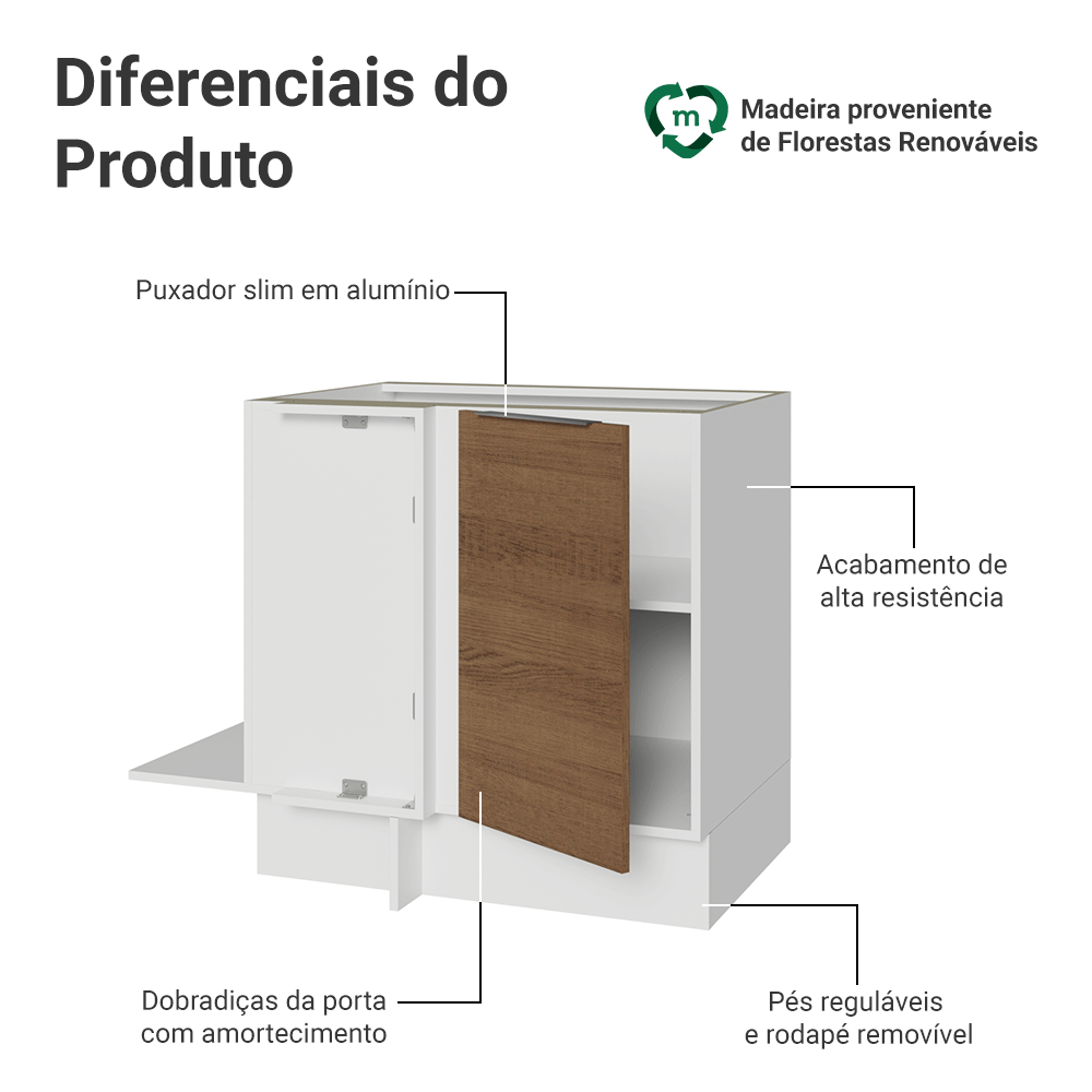Balcão Cozinha de Canto 1 Porta 60 cm Profundidade (Sem Tampo) Branco/Rustic Stella Madesa