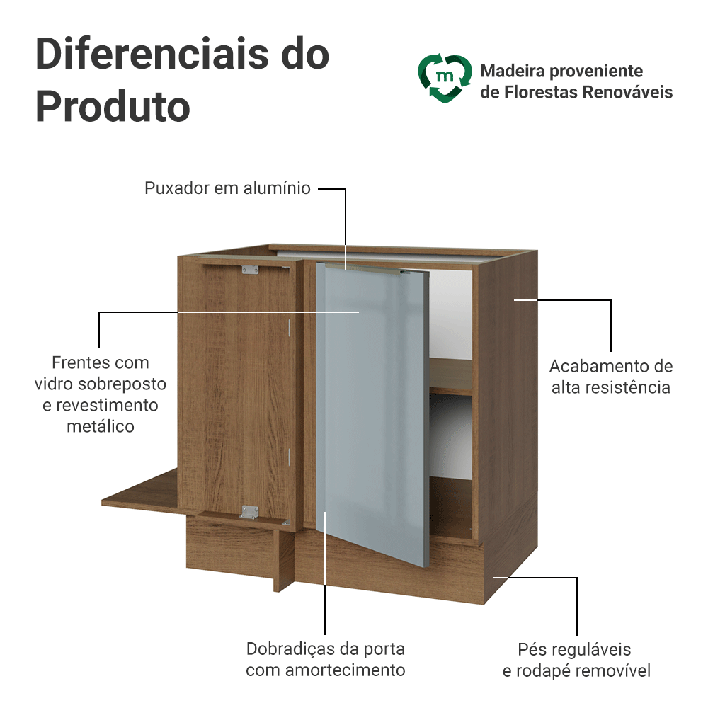 Balcão de Canto para Linha de 60 cm de Profundidade 1 Porta (Sem Tampo) Rustic/Cinza Lux Madesa