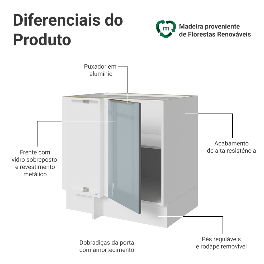 Balcão de Canto para Linha de 60 cm de Profundidade 1 Porta (Sem Tampo) Branco/Cinza Lux Madesa