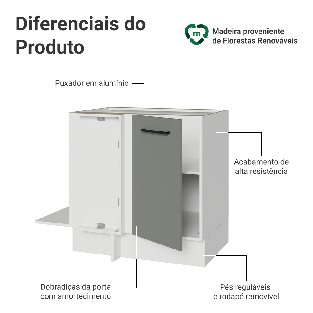 Balcão de Canto Madesa Agata 1 Porta 60 cm Profundidade (Sem Tampo) Branco/Cinza