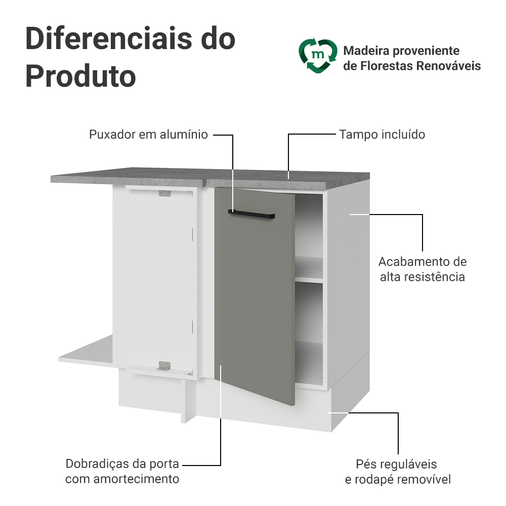 Balcão de Canto Madesa Agata 1 Porta 60 cm Profundidade (Com Tampo) Branco/Cinza