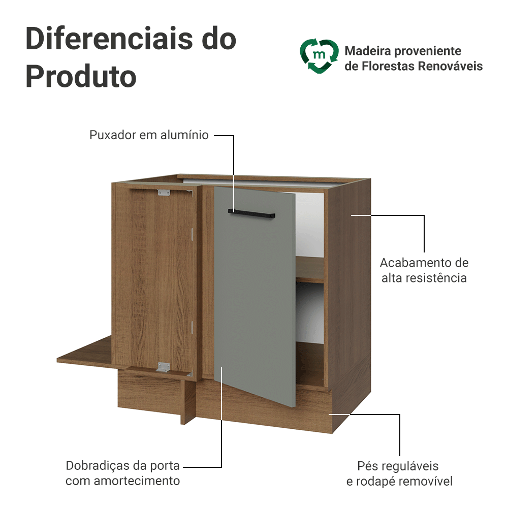 Balcão de Canto Madesa Agata 1 Porta 60 cm Profundidade (Sem Tampo) Rustic/Cinza