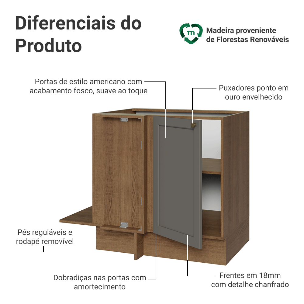 Balcão de Canto para Linha de 60 cm Profundidade (Sem Tampo) Rustic/Cinza Vik Madesa