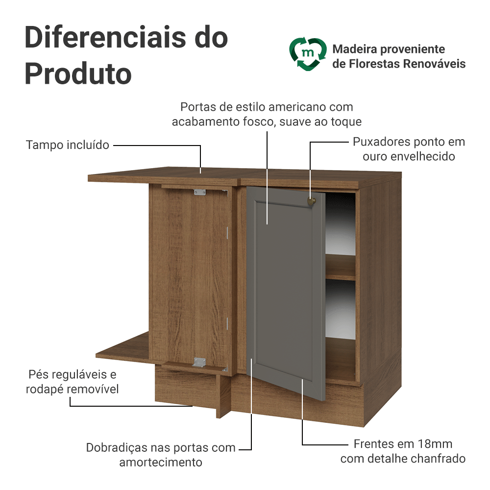 Balcão de Canto para Linha de 60 cm Profundidade (Com Tampo) Rustic/Cinza Vik Madesa