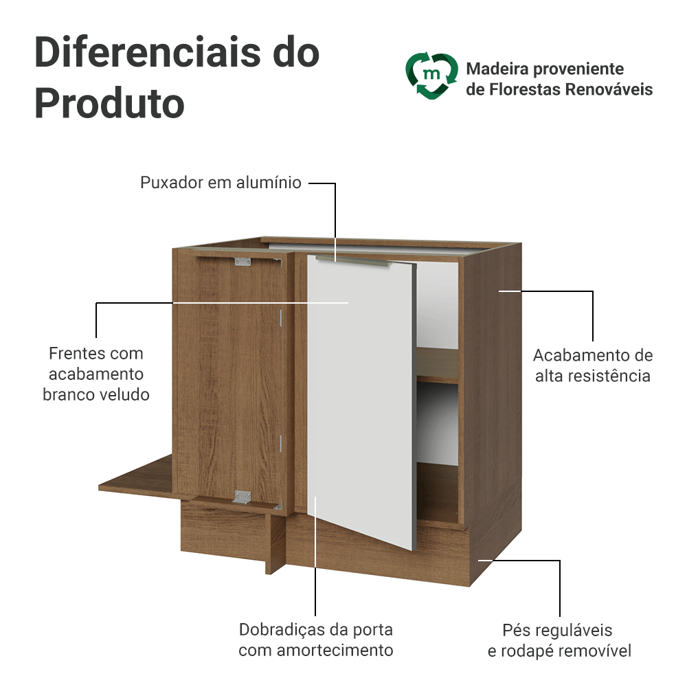 Balcão de Canto para Linha de 60 cm de Profundidade 1 Porta (Sem Tampo) Rustic/Branco Veludo Lux Madesa