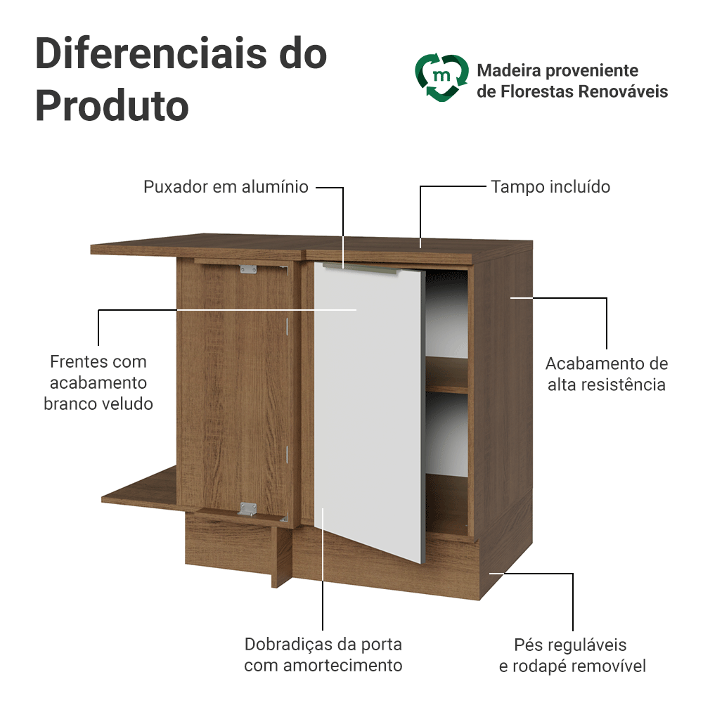 Balcão de Canto para Linha de 60 cm de Profundidade 1 Porta (Com Tampo) Rustic/Branco Veludo Lux Madesa