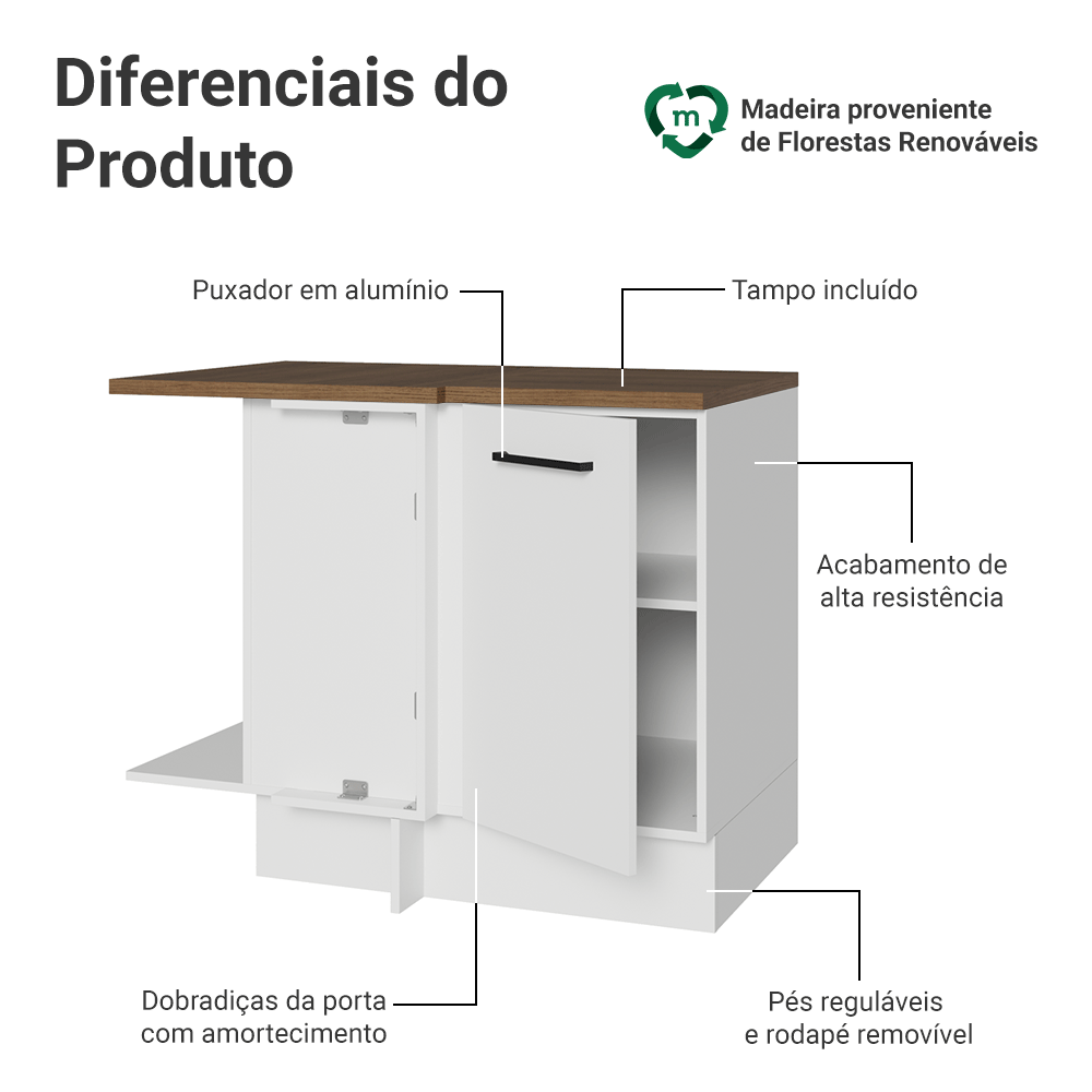 Balcão de Canto 102 x 60 cm 1 Porta Branco Tampo Rustic Agata Madesa