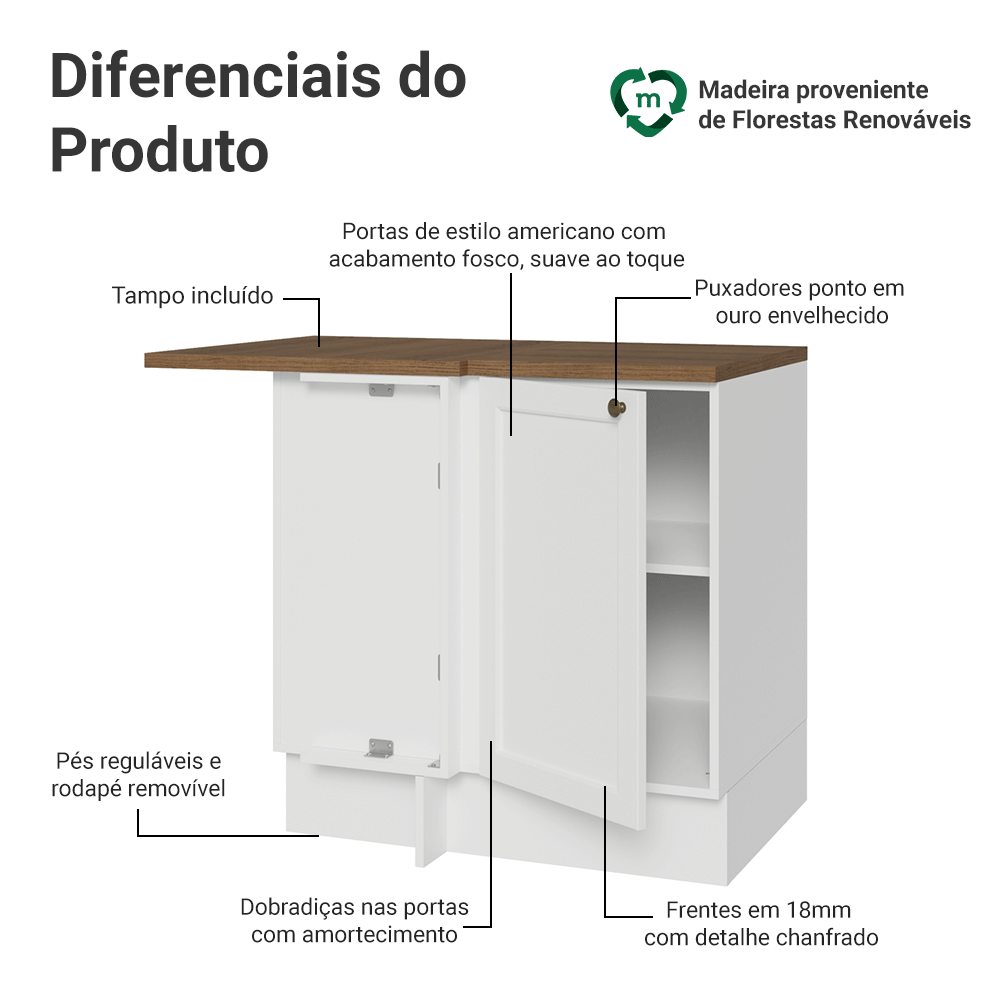 Balcão de Canto para Linha de 60 cm Profundidade (Com Tampo) Branco/Rustic Vik Madesa