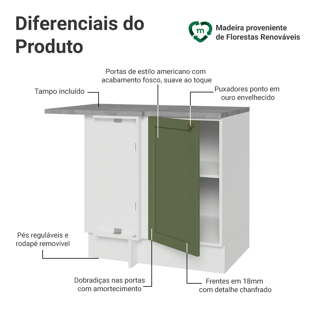 Balcão de Canto para Linha de 60 cm Profundidade (Com Tampo) Branco/Verde Vik Madesa