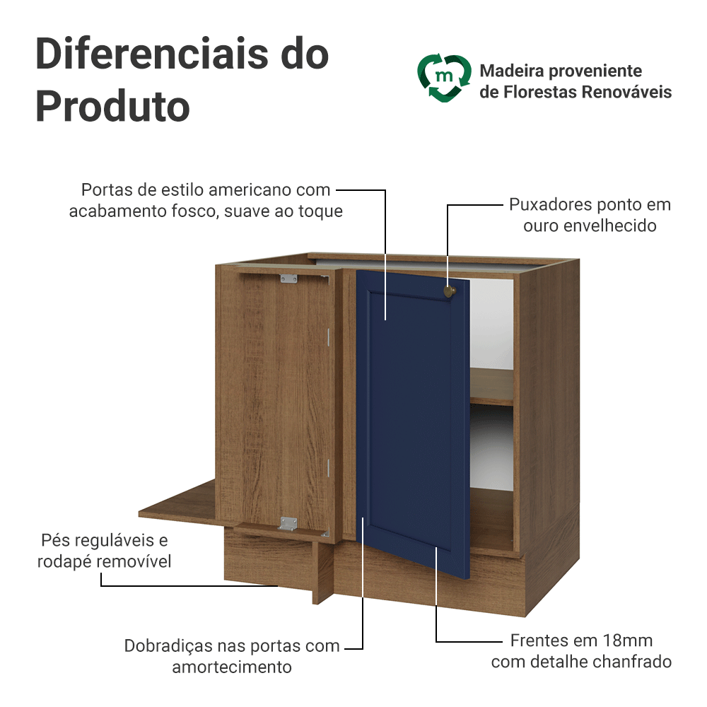 Balcão de Canto para Linha de 60 cm Profundidade (Sem Tampo) Rustic/Azul Vik Madesa
