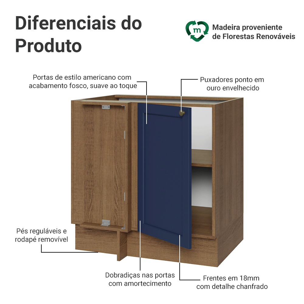 Balcão de Canto para Linha de 60 cm Profundidade (Sem Tampo) Rustic/Azul Vik Madesa