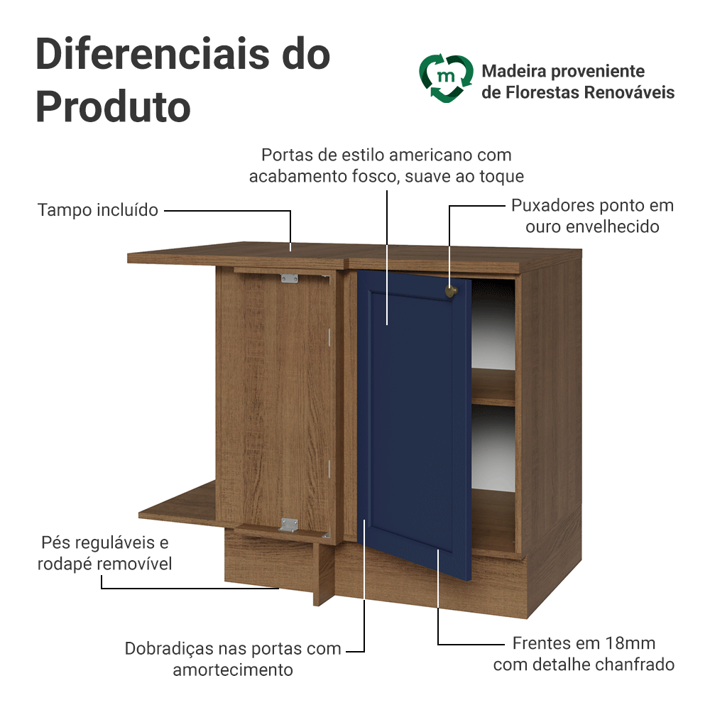 Balcão de Canto para Linha de 60 cm Profundidade (Com Tampo) Rustic/Azul Vik Madesa