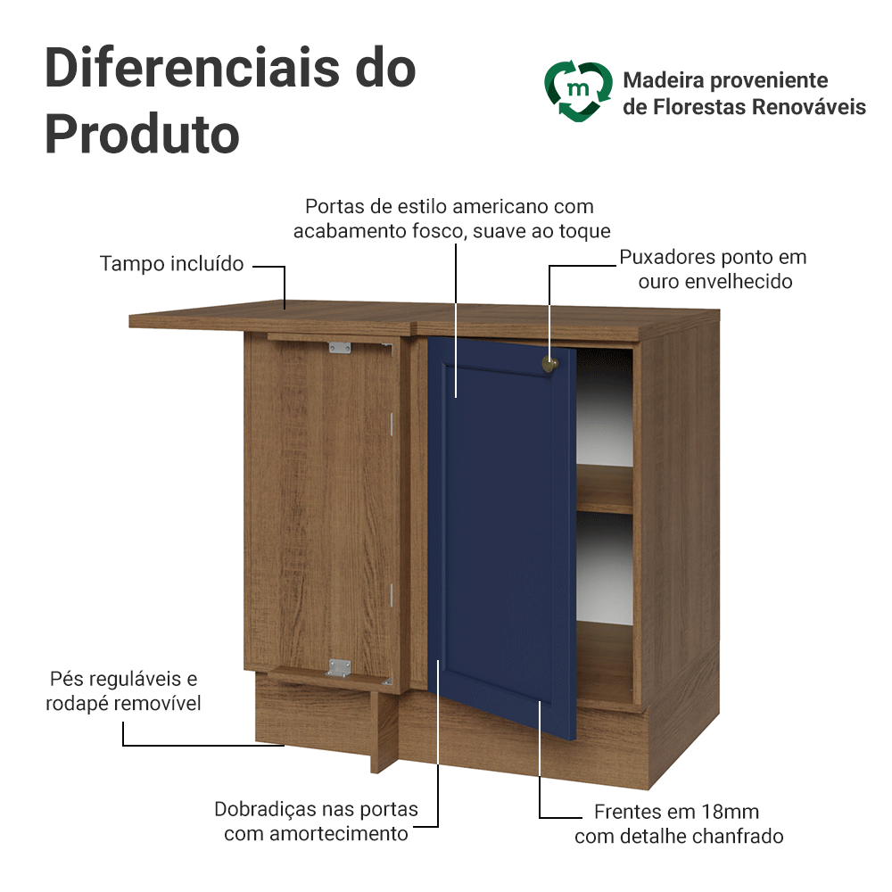 Balcão de Canto para Linha de 60 cm Profundidade (Com Tampo) Rustic/Azul Vik Madesa