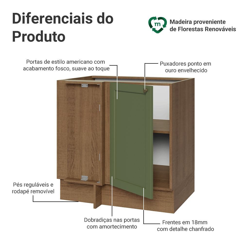 Balcão de Canto para Linha de 60 cm Profundidade (Sem Tampo) Rustic/verde Vik Madesa