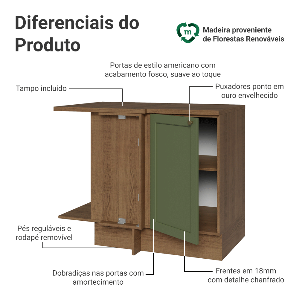 Balcão de Canto para Linha de 60 cm Profundidade (Com Tampo) Rustic/Verde Vik Madesa