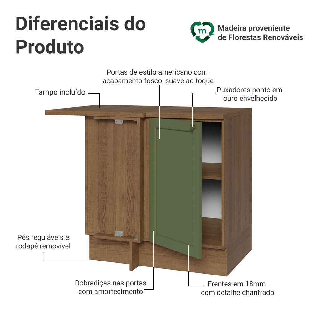 Balcão de Canto para Linha de 60 cm Profundidade (Com Tampo) Rustic/Verde Vik Madesa