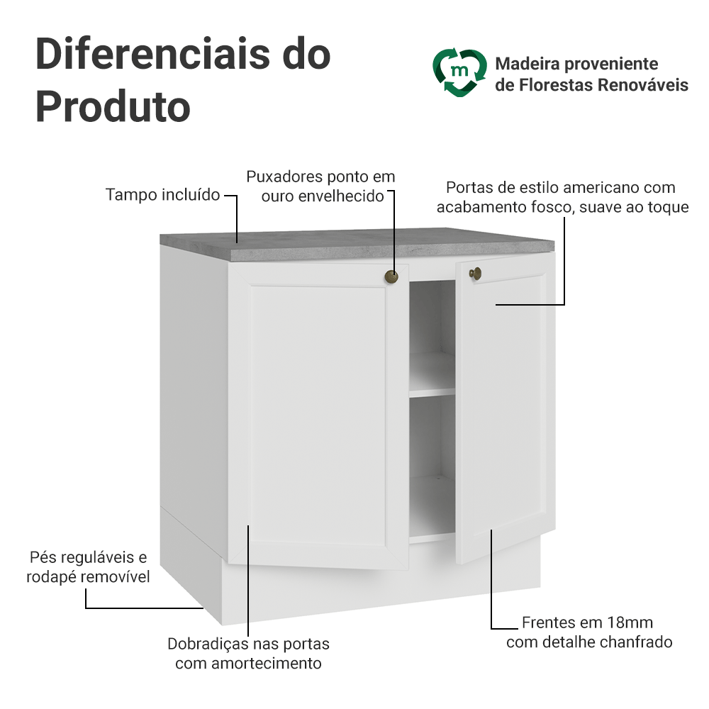 Balcão de Cozinha 80 x 60 cm 2 Portas (Com Tampo) Branco Vik Madesa