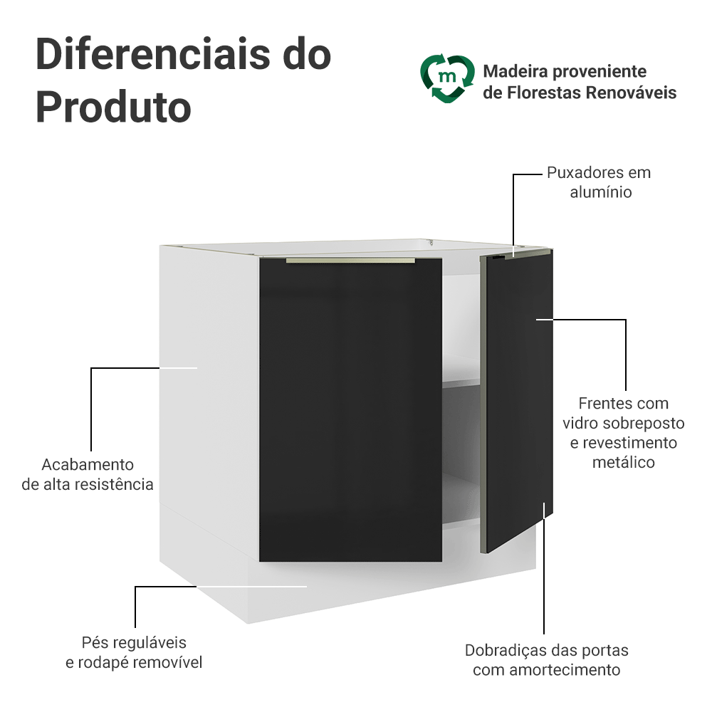 Balcão de Cozinha 80 x 60 cm 2 Portas (Sem Tampo) Branco/Preto Lux Madesa