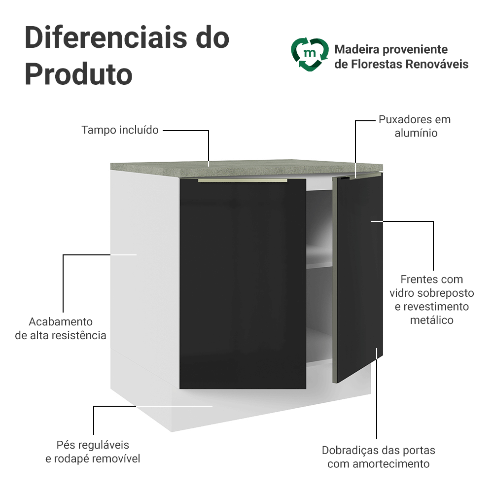 Balcão 80 x 60 cm 2 Portas (Com Tampo) Branco/Preto Lux Madesa