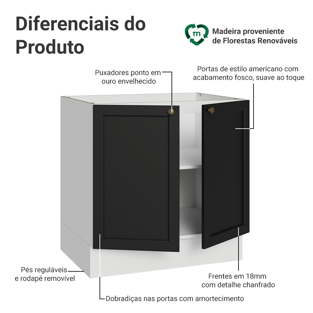 Balcão de Cozinha 80 x 60 cm 2 Portas (Sem Tampo) Branco/Preto Vik Madesa