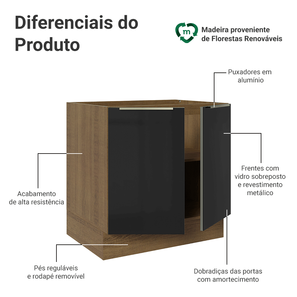 Balcão de Cozinha 80 x 60 cm 2 Portas (Sem Tampo) Rustic/Preto Lux Madesa