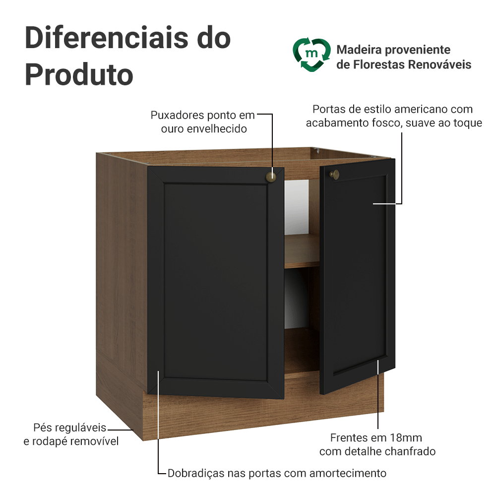 Balcão de Cozinha 80 x 60 cm 2 Portas (Sem Tampo) Rustic/Preto Vik Madesa