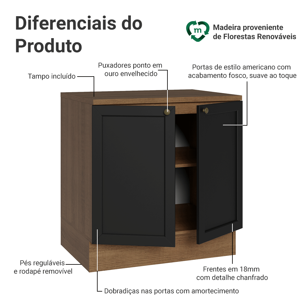 Balcão de Cozinha 80 x 60 cm 2 Portas (Com Tampo) Rustic/Preto Vik Madesa