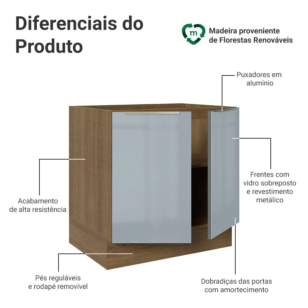 VEATM REVIVAL COLOR BLOCK L サイズ Balcão Madesa Lux 80 cm 2 Portas Rustic/Cinza