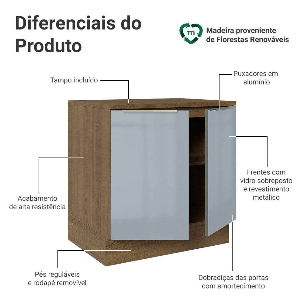 Balcão 80 x 60 cm 2 Portas (Com Tampo) Rustic/Cinza Lux Madesa