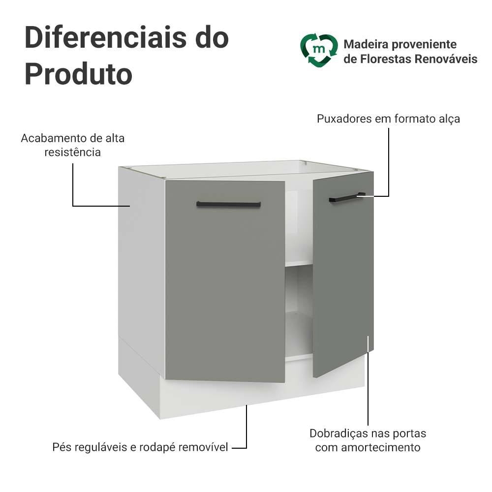 Balcão de Cozinha Madesa Agata 80 x 60 cm 2 Portas (Sem Tampo) Branco/Cinza