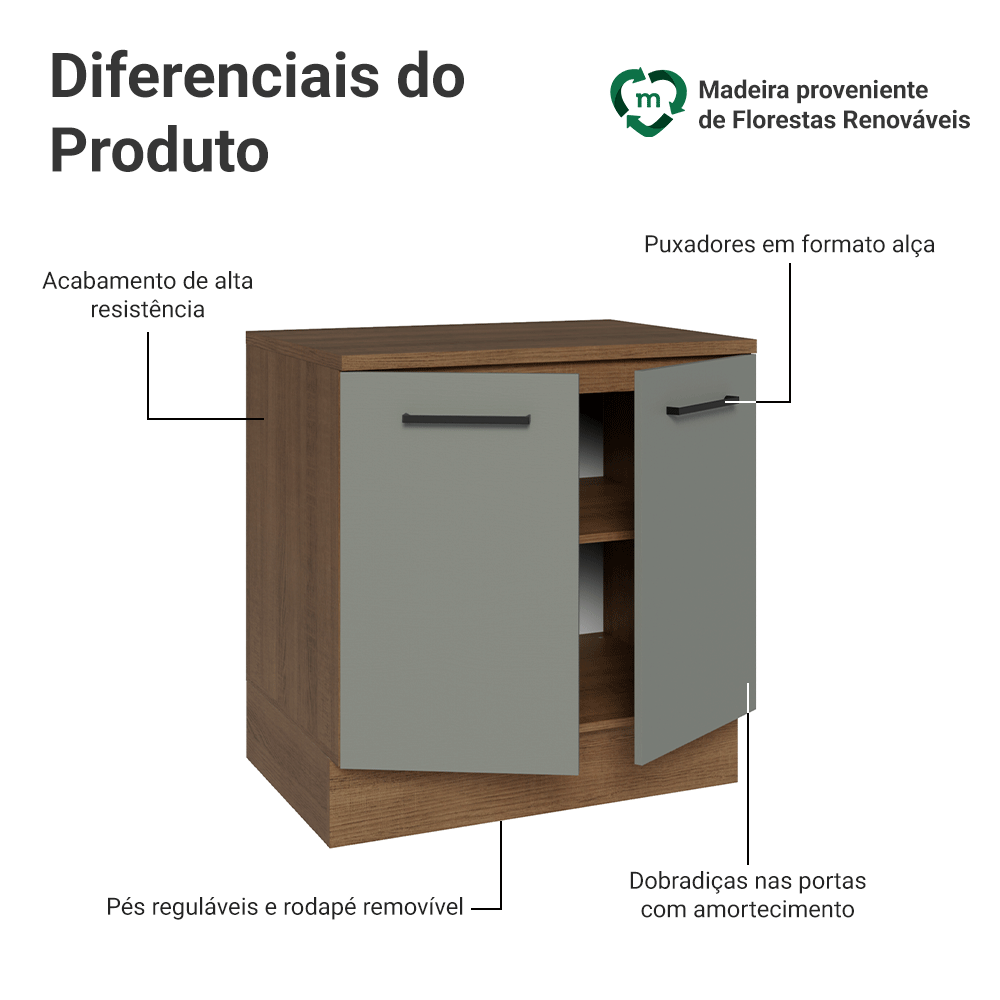 Balcão Madesa Agata 80 x 60 cm 2 Portas (Com Tampo) Rustic/Cinza
