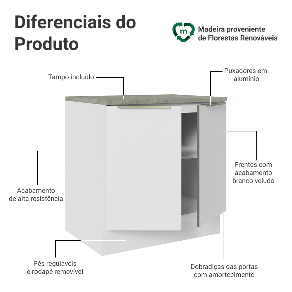 Balcão 80 x 60 cm 2 Portas (Com Tampo) Branco/Branco Veludo Lux Madesa