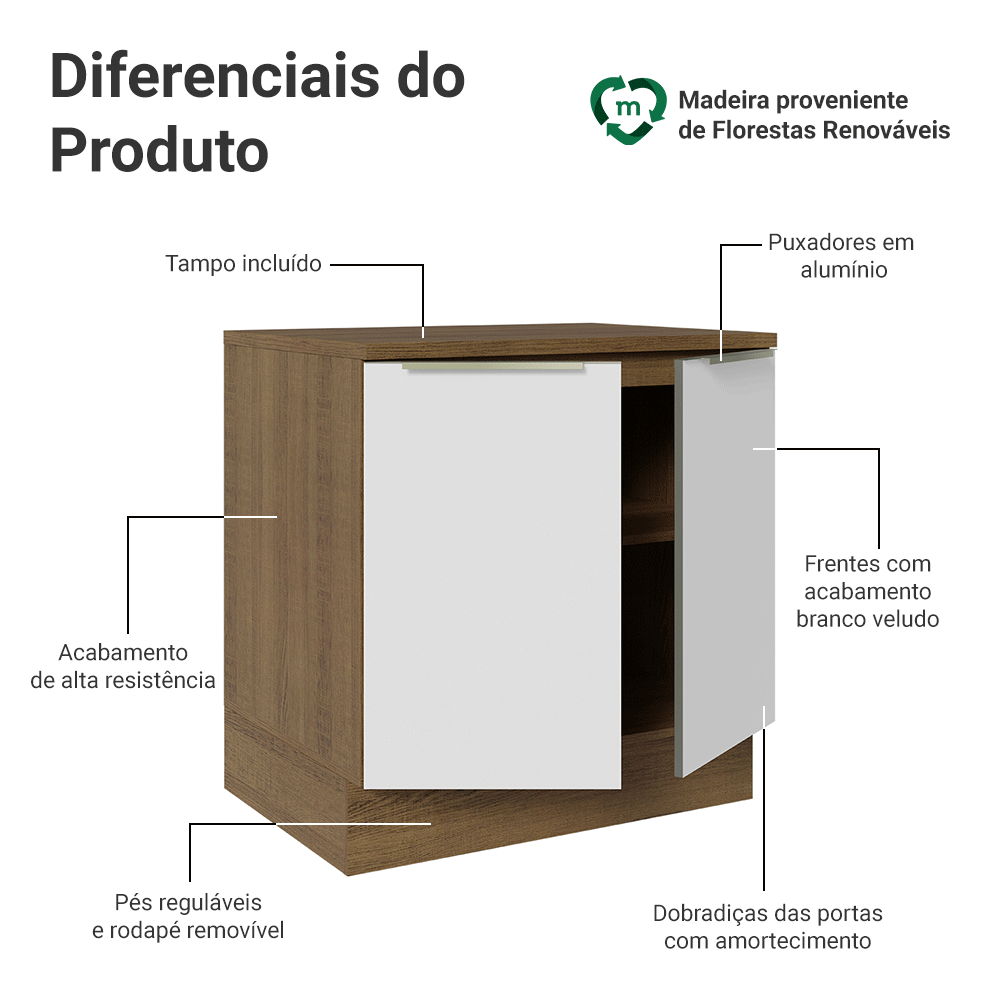 Balcão 80 x 60 cm 2 Portas (Com Tampo) Rustic/Branco Veludo Lux Madesa