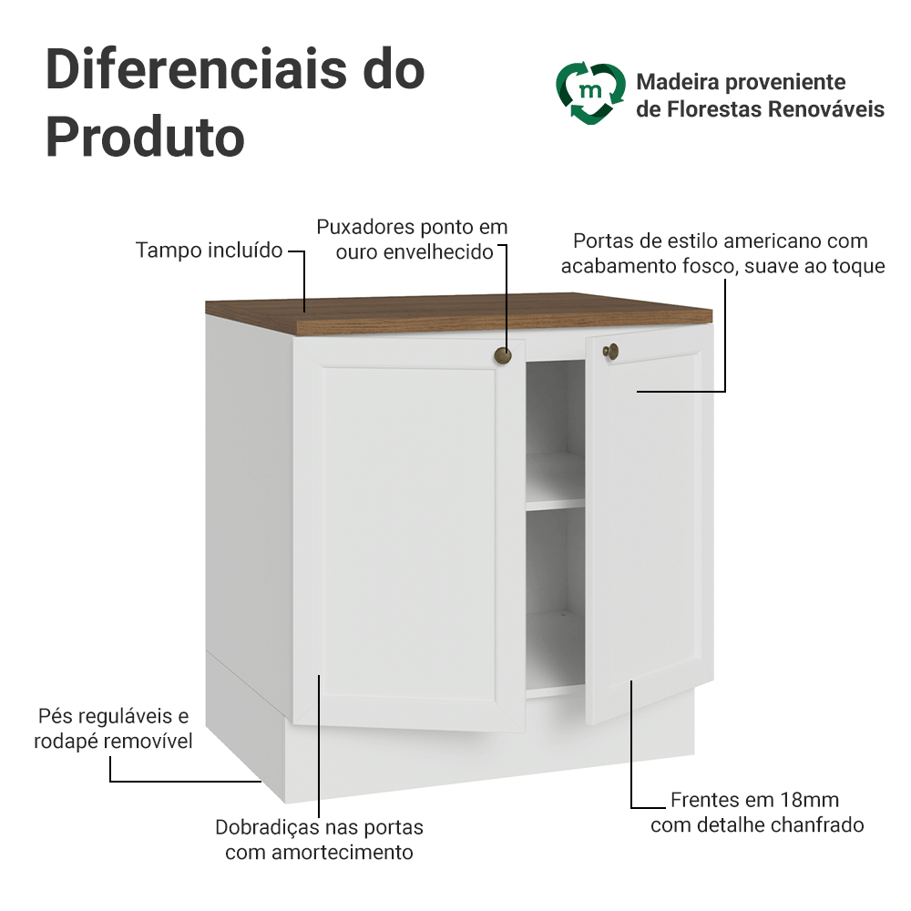 Balcão de Cozinha 80 x 60 cm 2 Portas (Com Tampo) Branco/Rustic Vik Madesa