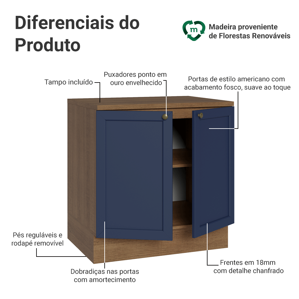 Balcão de Cozinha 80 x 60 cm 2 Portas (Com Tampo) Rustic/Azul Vik Madesa