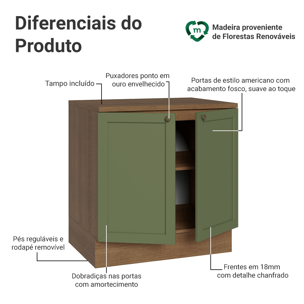 Balcão de Cozinha 80 x 60 cm 2 Portas (Com Tampo) Rustic/Verde Vik Madesa