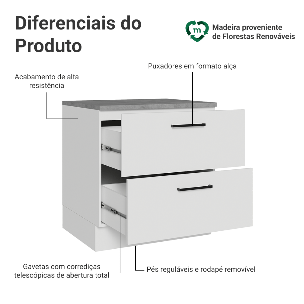 Balcão de Cozinha 80 x 60 cm 2 Gavetas (Com Tampo) Branco Agata Madesa