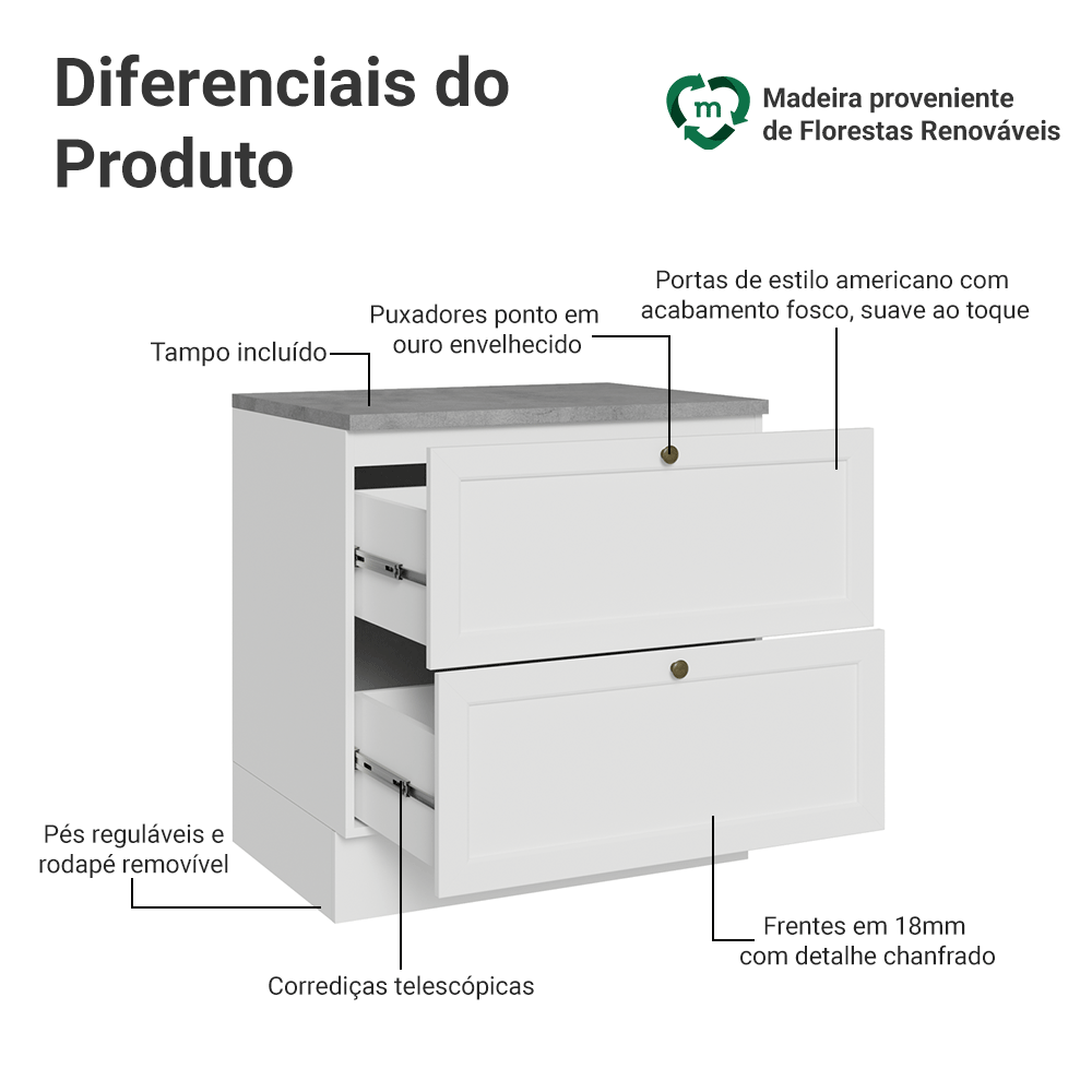 Balcão de Cozinha 80 x 60 cm 2 Gavetas (Com Tampo) Branco Vik Madesa