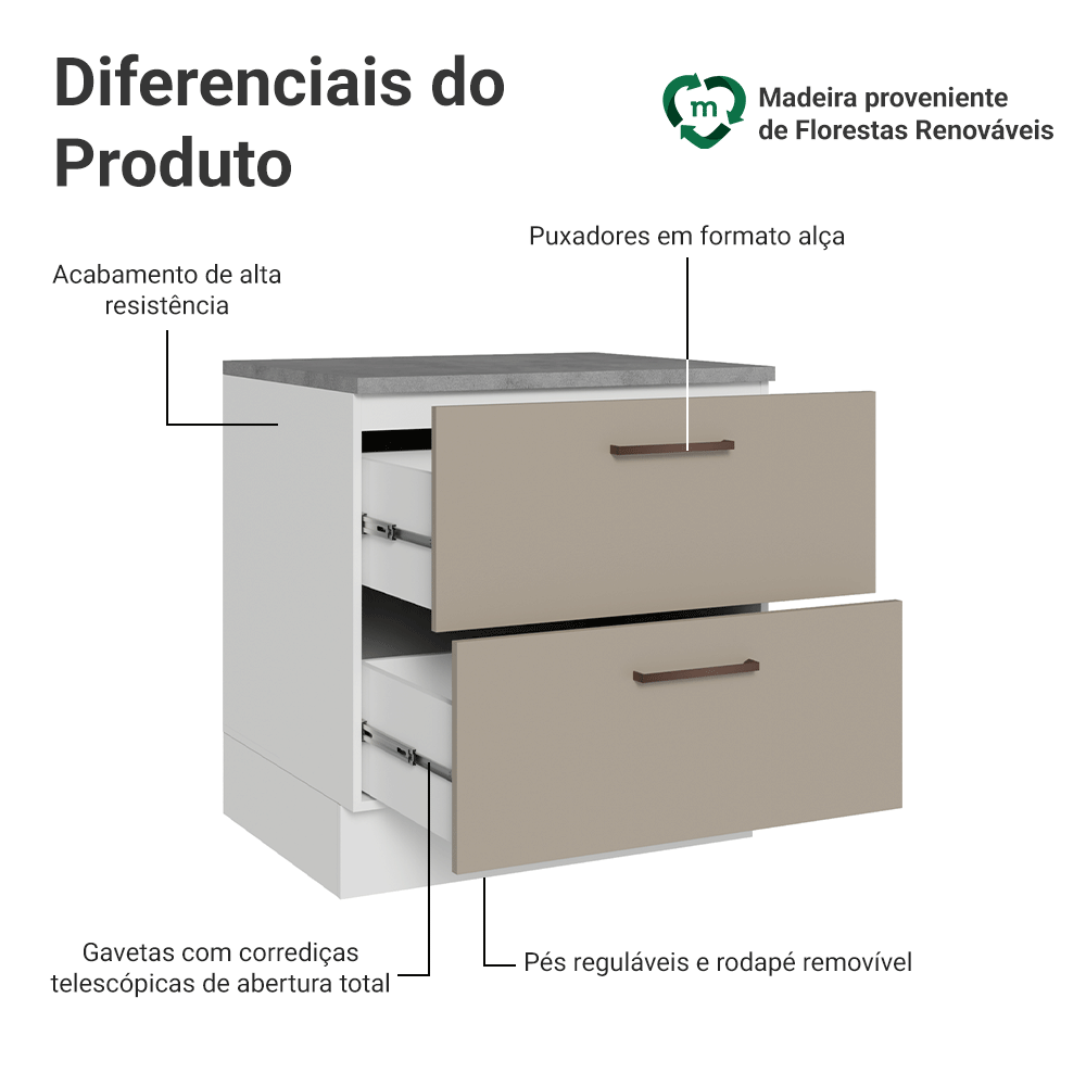 Balcão de Cozinha 80 x 60 cm 2 Gavetas (Com Tampo) Branco/Crema Agata Madesa