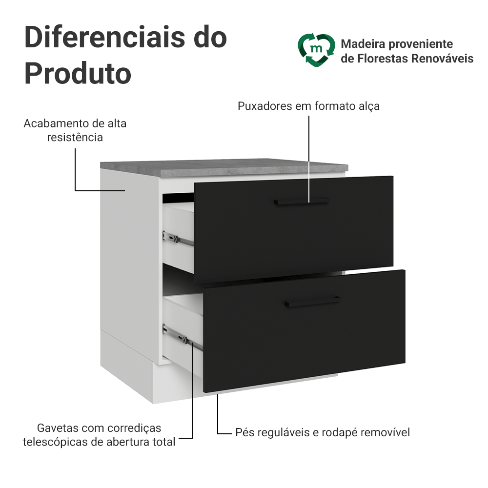 Balcão de Cozinha 80 x 60 cm 2 Gavetas (Com Tampo) Branco/Preto Agata Madesa